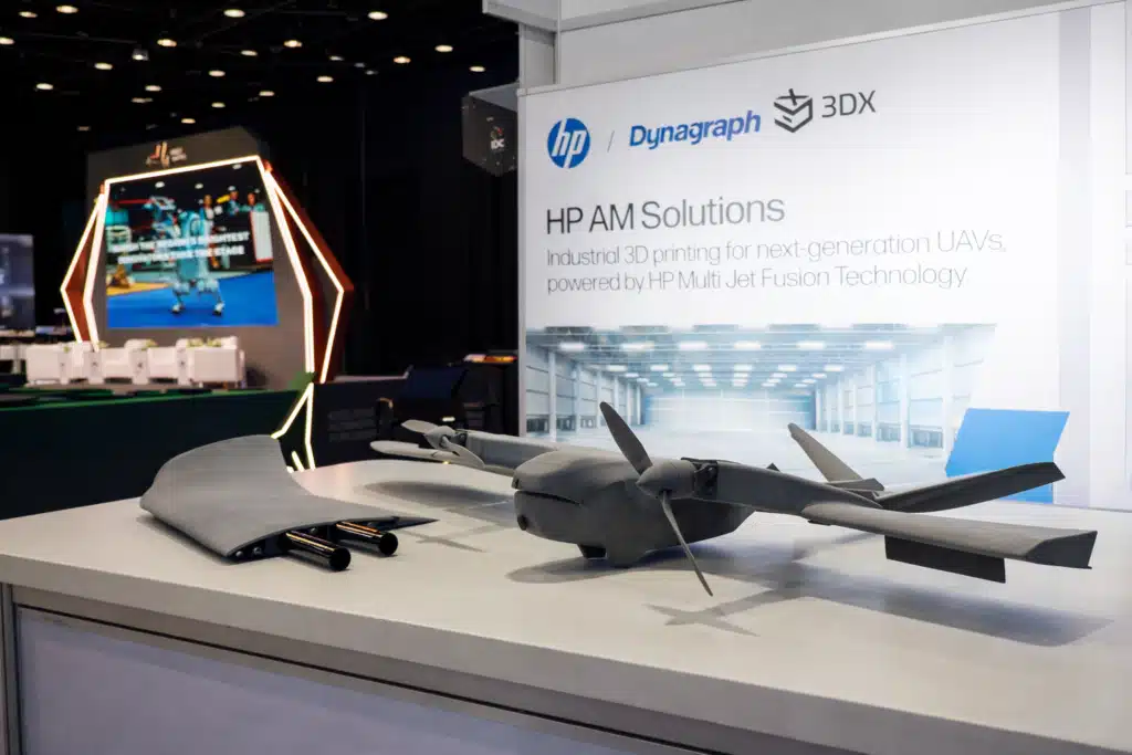 The Escalation Economics of Offensive and Defensive UAVs 3DX Additive Manufacturing 3D printed drone prototype on display at the HP, Dynagraph and 3DX stand during the January the Unmaned Systems Exhibition in Abu Dhabi UMEX 2026 demonstrating 3D additive manufacturing solutions for next-generation of 3D produced unmanned systems and UAV.